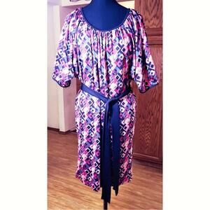 Jonathan Martin Womens Shift Belted Dress M Dolman Sleeves Geometric Print Mom